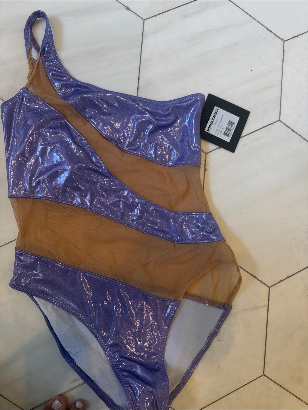 Norma Kamali Iridescent Lavender and Tan Mesh One-Piece Swimsuit